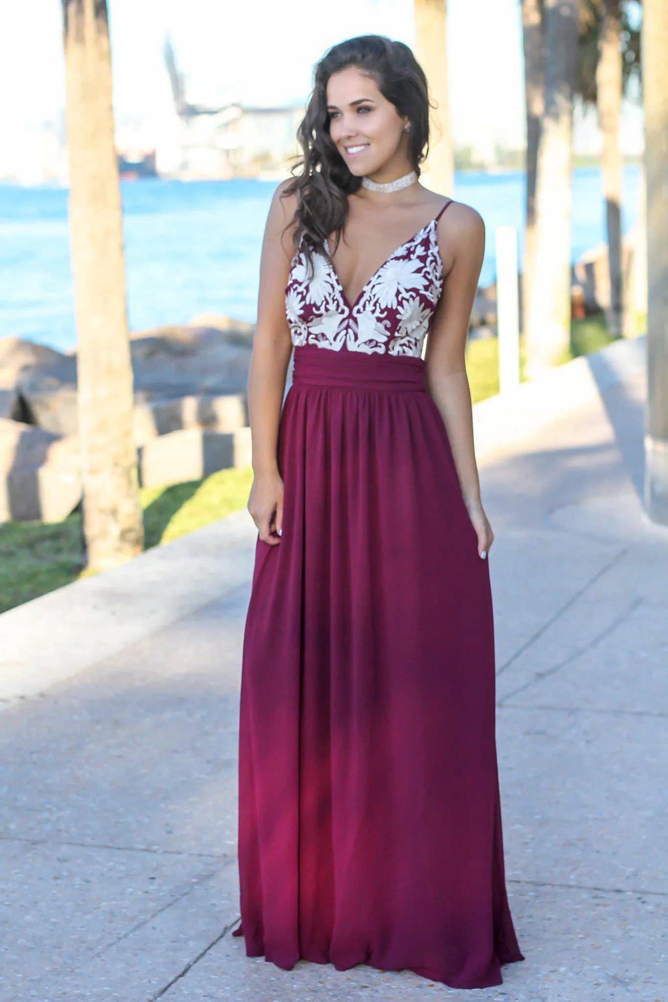 Wine Maxi Dress with Open Back and Embroidered Top