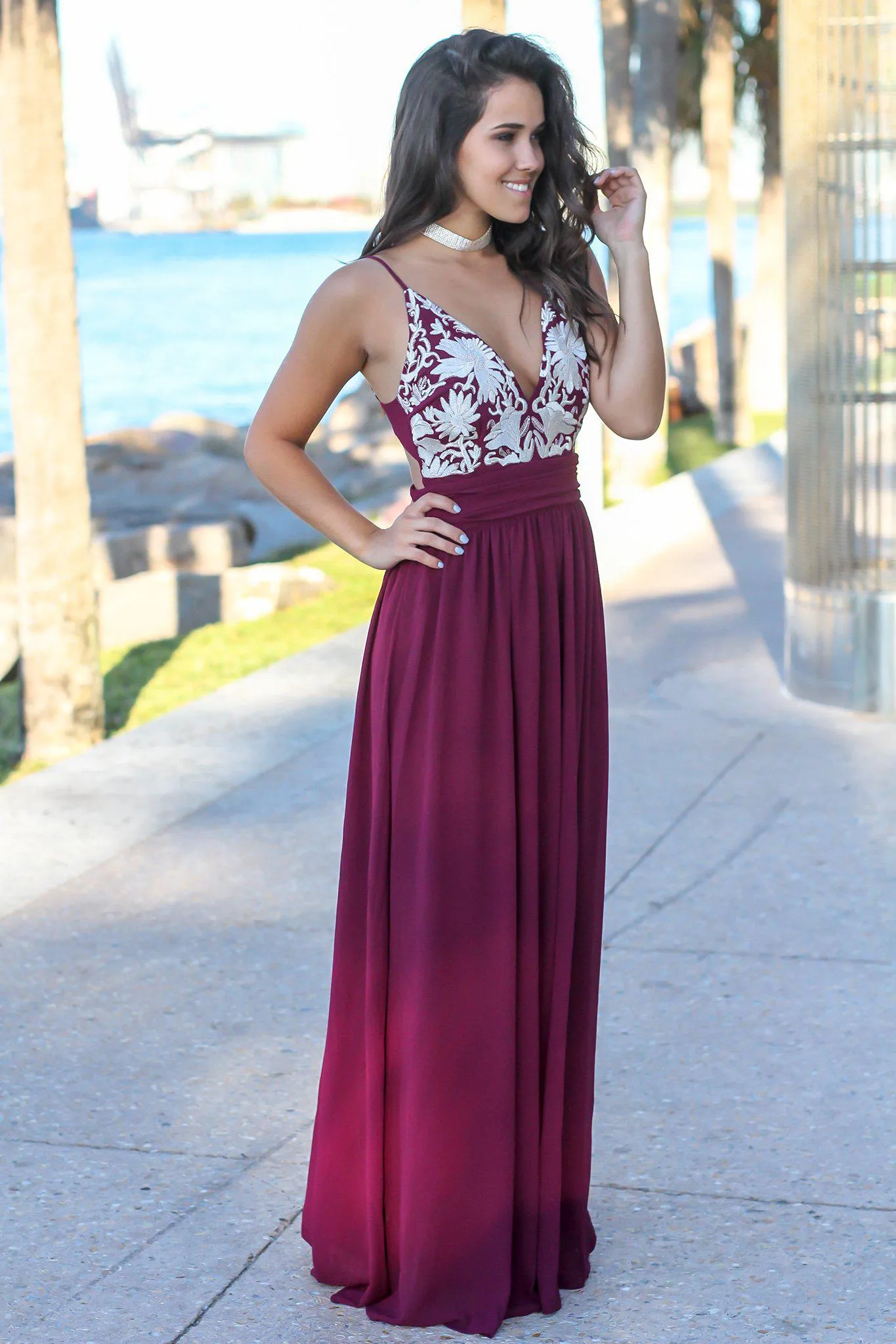 Wine Maxi Dress with Open Back and Embroidered Top