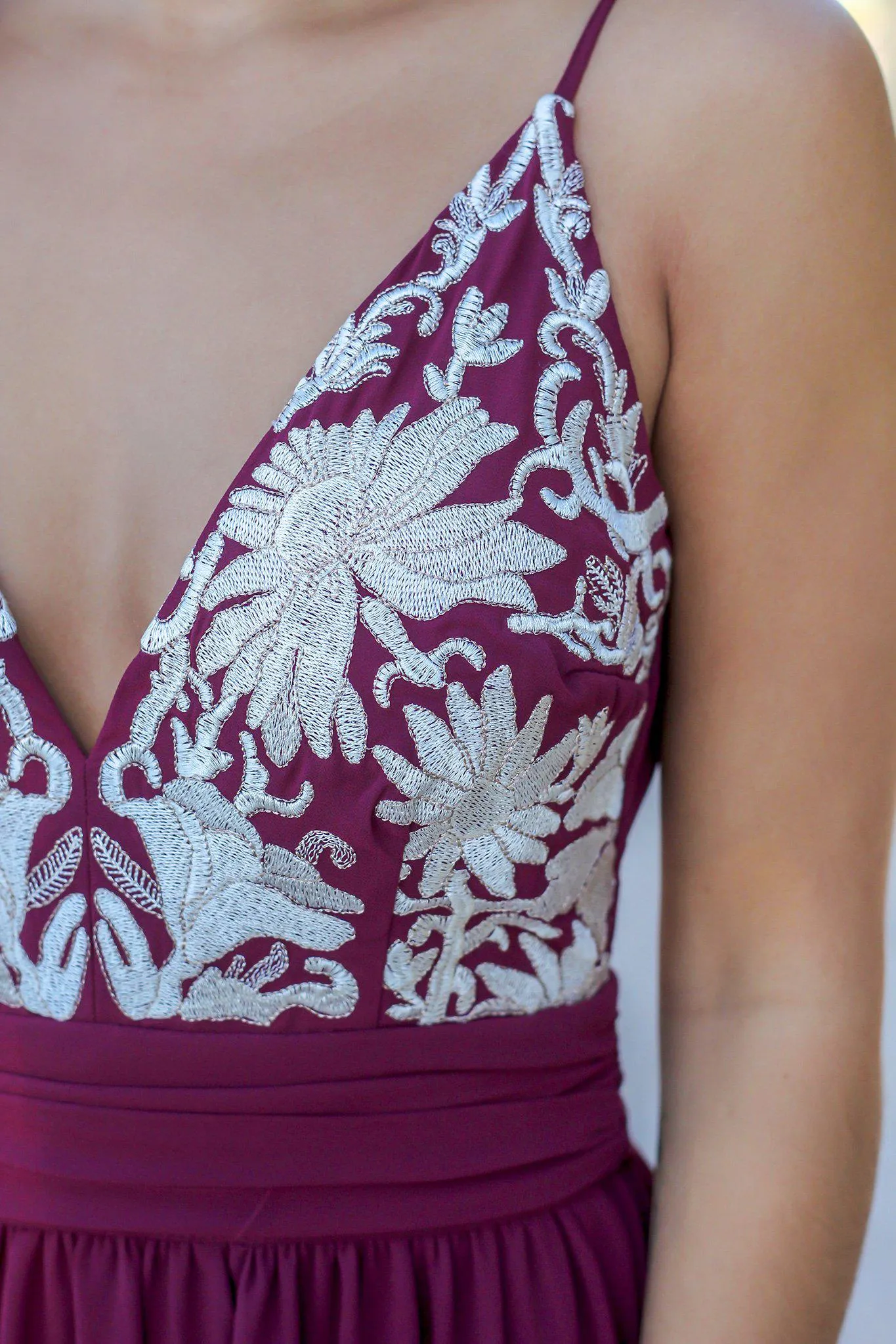 Wine Maxi Dress with Open Back and Embroidered Top