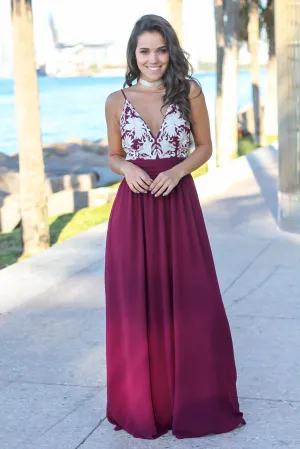 Wine Maxi Dress with Open Back and Embroidered Top