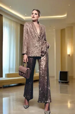 Women Prom Sets Loose Glitter Sequin Suits Pants Set 2 Pcs Blazer Trouser Coat Double Breasted