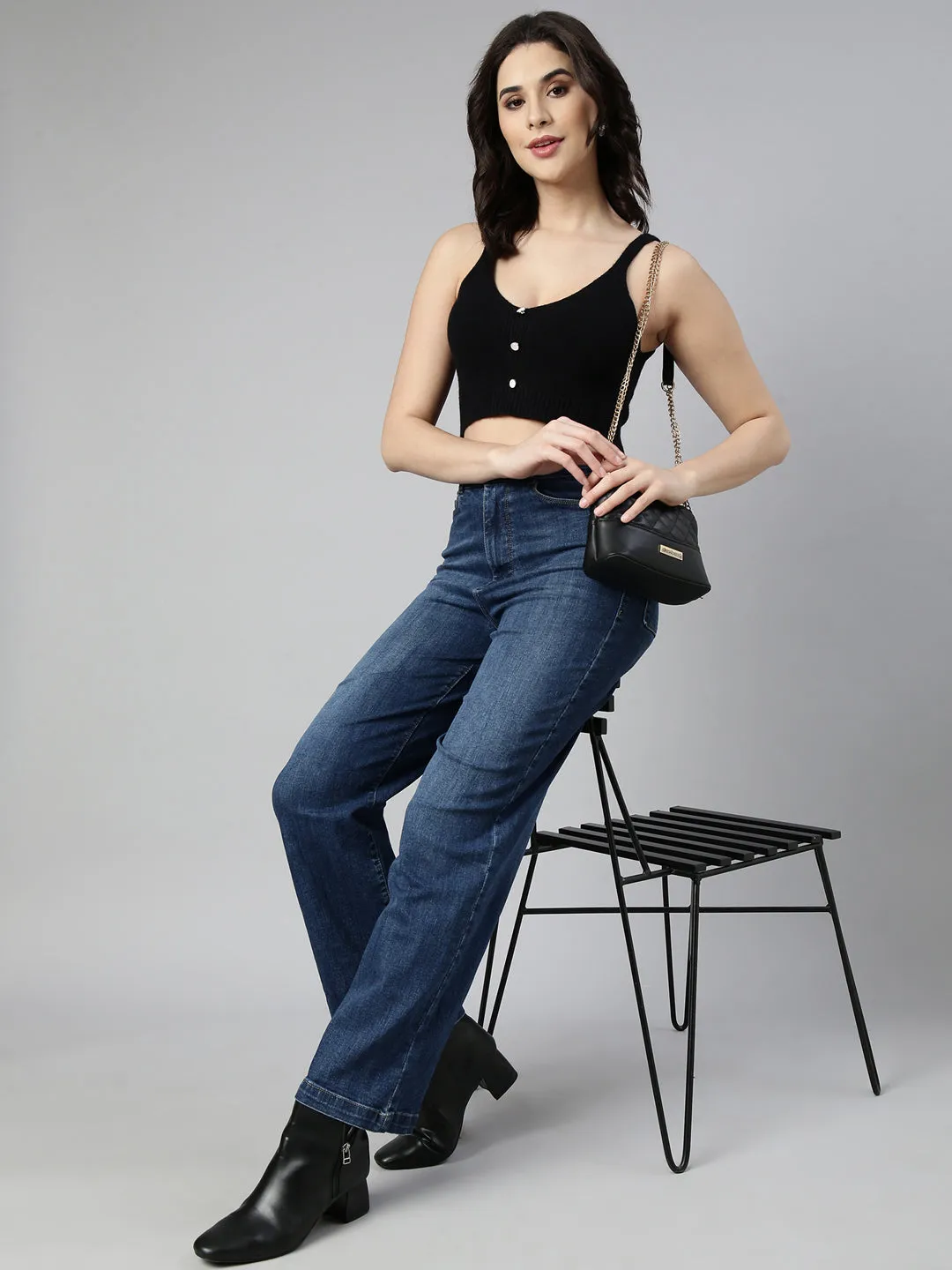 Women Solid Bralette Black Crop Top