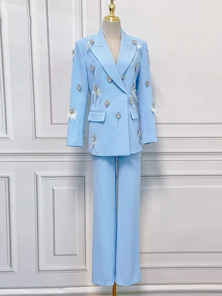 Women's 2 Piece Feather & Crystals Blazer and Pants Set
