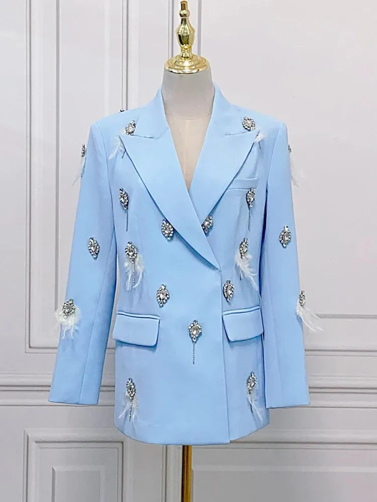 Women's 2 Piece Feather & Crystals Blazer and Pants Set