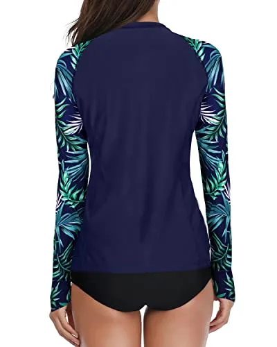 Women's Long Sleeve Rash Guard With Bottom Long Sleeve-Blue Leaf