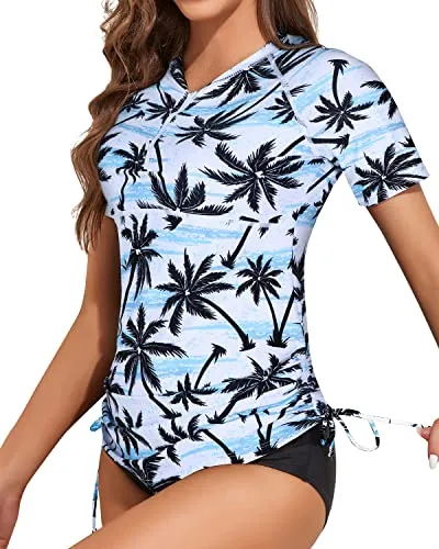 Women's Short Sleeve Swim Shirt With Built In Bra And Bottom-Black Palm Tree